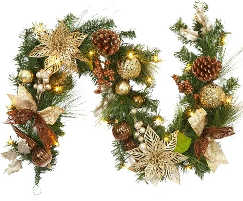 Vista 9 de Guirnalda de Navidad con luces, oro champán de 6 pies, 20 luces LED, guirnalda de Navidad preiluminada con adornos de bolas, cintas, conos de pino