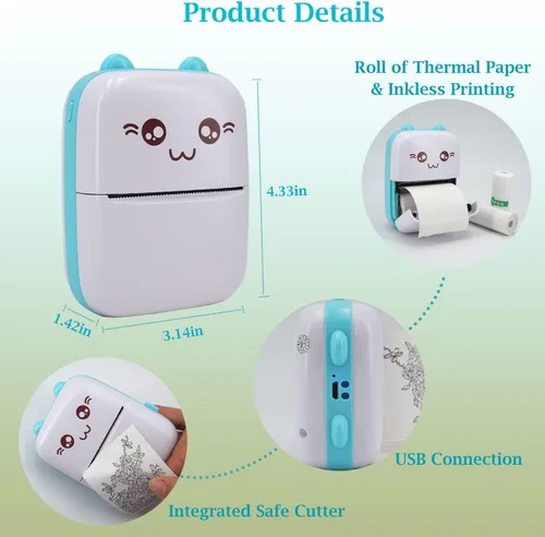 Vista 5 de Mini Impresora de Bolsillo, Impresora Térmica Portátil con 8 Rollos de Papel de Impresión, Impresora Inalámbrica Bluetooth Pequeña