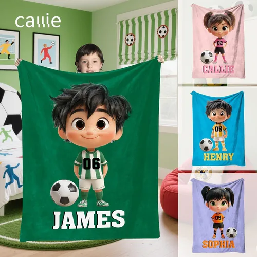Vista 2 de callie Mantas de fútbol personalizadas para niños, manta deportiva personalizada de personajes de dibujos animados de franela suave / sherpa