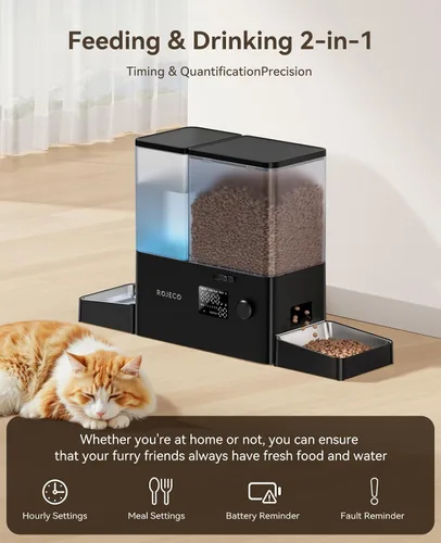 Vista 2 de Rojeco Dispensador Automático para Mascotas de 36 Tazas/8.5L y Dispensador de Agua por Gravedad, Juego de Cuencos de Acero Inoxidable 2-en-1 de Gran