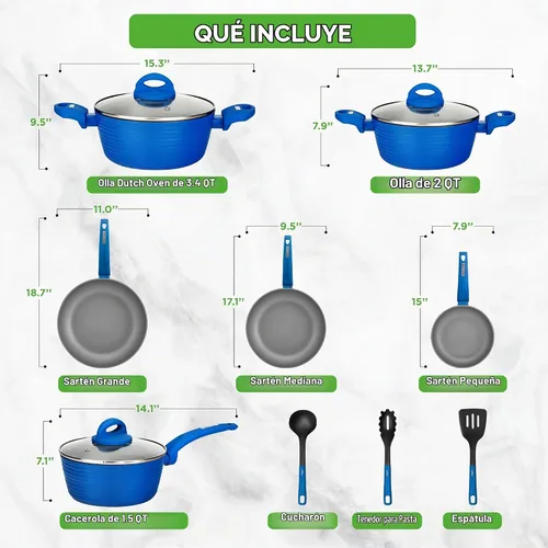 Vista 3 de NutriChef Juego de utensilios de cocina antiadherentes de 12 piezas, sin PFOA/PFOS, resistente al calor, juego de ollas y sartenes de cocina Azul
