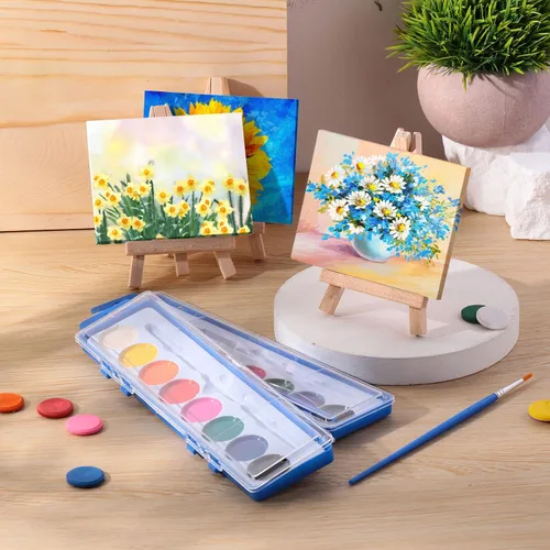 Vista 4 de Fuutreo Juego de 24 piezas de pintura de acuarela de 3 x 4 pulgadas, mini caballete de lienzo, juego de pinceles, recuerdos de fiesta de arte