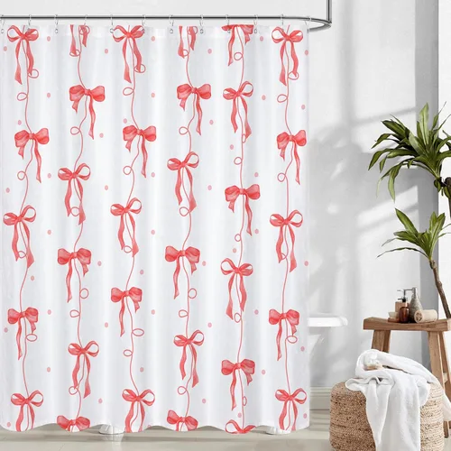 Vista 10 de Cortina de ducha con lazo negro, bonita cortina de ducha coqueta estética para adolescentes y niñas, decoración de tela impermeable con 12 ganchos