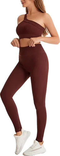 Vista 3 de Yknktstc Conjuntos de entrenamiento para mujer, brasier deportivo acanalado sin costuras, traje de 2 piezas, cintura alta, gimnasio, yoga, leggings