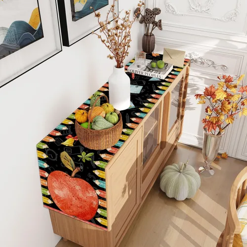 Vista 5 de Camino de mesa con lápiz de manzana de acuarela para el primer día de escuela, decoraciones y suministros para el hogar, escuela, aula, oficina, 13