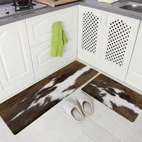 Vista 7 de TOMWISH Alfombra con estampado de vaca, tapete de cocina de piel de vacuno para piso, 2 piezas, diseño de vaca occidental, antideslizante