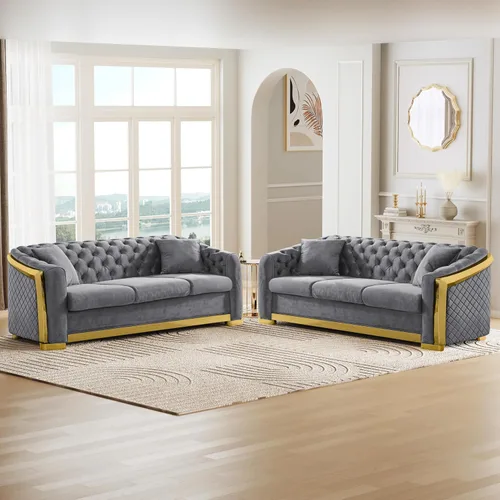 Vista 14 de KEIKI - Juego de sofá de lujo Chesterfield de 2 piezas con 2 sofás de terciopelo de 3 plazas extragrandes, juego de sofá acolchado moderno de 6