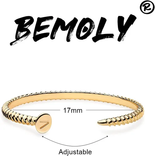 Vista 5 de Bemoly Pulsera de uñas para mujer, chapada en oro de 14 quilates, pulsera con inicial de tornillo, regalos inspiradores para niñas, pulsera ajustable