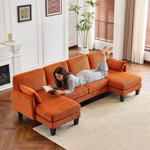 Vista 23 de VINGLI Sofá modular de 110 pulgadas para sala de estar, sofá en forma de U con diván doble, juego de sofá de 4 asientos con tela de felpilla