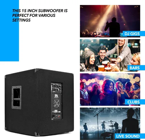 Vista 5 de Seismic Audio - Shockwave-15 - Gabinete de subwoofer Pro Audio/DJ de 15" con amplificador de clase D de 1000 vatios