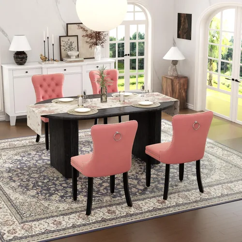 Vista 14 de Juego de mesa de comedor ovalada extensible con 4 sillas tapizadas de terciopelo de alta gama, mesa de cocina de 59 a 91 pulgadas y sillas