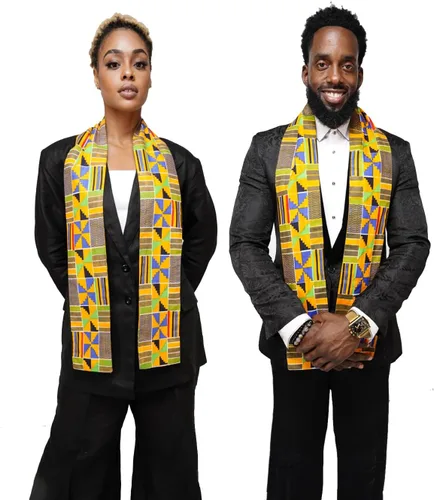 Vista 13 de Dupsie's 1 estola de graduación con estampado africano Kente, hecha en África, historia negra, festivales, cultural, HBCU, graduados, escuelas Negro