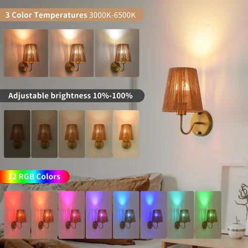 Vista 3 de Juego de 2 apliques de pared bohemios que funcionan con pilas, con pantalla de ratán dorado, luces de pared inalámbricas con bombillas recargables