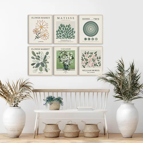 Vista 8 de Juego de 6 piezas de arte abstracto bohemio para pared, impresiones modernas de flores y lienzo Matisse verde salvia, sin marco, de 8 x 10 pulgadas
