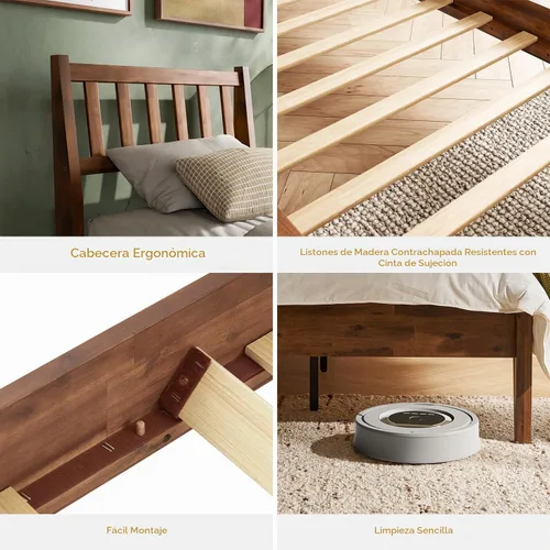 Vista 3 de mopio Ted - Marco de cama con cabecero, marco de cama de plataforma de madera maciza de acacia moderna de mediados de siglo, listones de madera, sin
