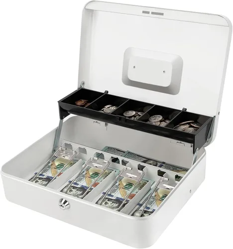 Vista 24 de Jssmst - Caja de efectivo de metal grande con bandeja de dinero,Caja de bloqueo