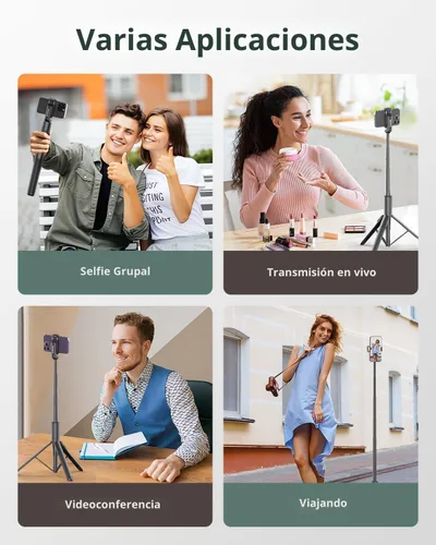 Vista 2 de Sensyne Trípode para teléfono de 60" - Palo para selfies, Trípode ligero todo en uno para teléfono integrado con control remoto inalámbrico