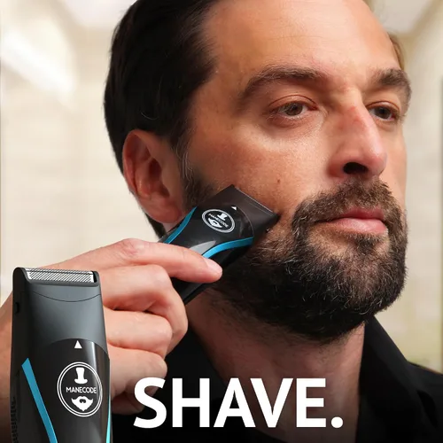 Vista 8 de MANECODE® Cortadora de barba y cabello para hombres – Self-Sharp Blades® USB-C, impermeable, pantalla LED, kit de aseo múltiple