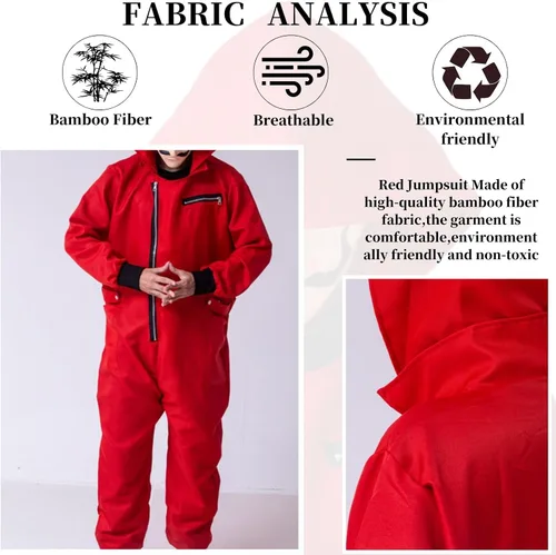 Vista 2 de Mono rojo con capucha overol rojo unisex con máscara disfraz de cosplay de la serie de TV versión original disfraz de Halloween