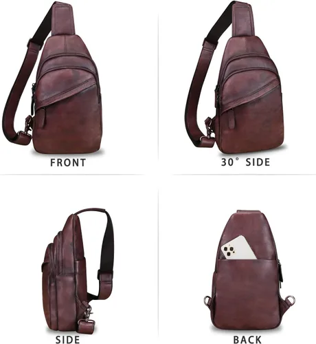 Vista 5 de Bolso de cuero genuino para hombres y mujeres, mochila de cuero vintage, bolso cruzado de hombro a la moda