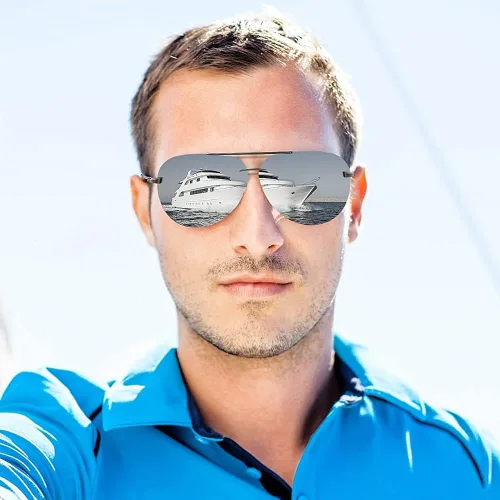 Vista 7 de Crabegg Gafas de sol polarizadas de aviador para hombres y mujeres, protección UV 400, 2.480in, lente espejo sin montura para pesca y conducción