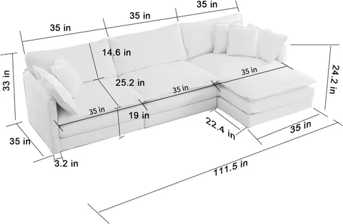 Vista 2 de Sofá seccional modular verde de 111.5", sofás seccionales grandes de 3 plazas para sala de estar, sofá nube oversized de tela chenille con otomana