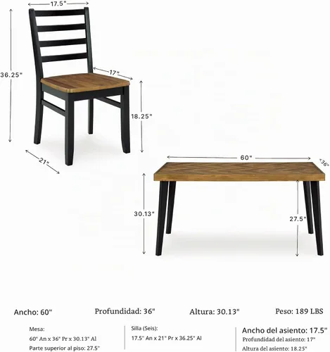 Vista 2 de Signature Design por Ashley Blondon - Juego de mesa de comedor rectangular con 6 sillas, patrón de chevron, patas cónicas, capacidad para 6 Negro
