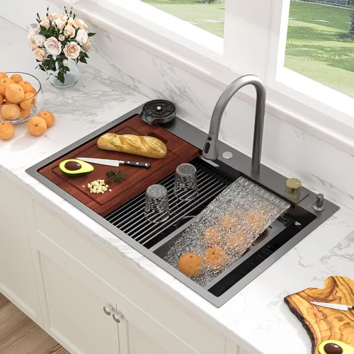 Vista 11 de Sarlai - Fregadero de cocina de cascada de 31 pulgadas, de montaje superior - 31x20 Fregadero de cocina con borde y estación de trabajo, de acero