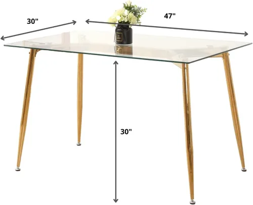 Vista 2 de Mesa de comedor rectangular de vidrio con patas doradas, mesa de cocina moderna de 47 pulgadas, rectangular, mesa de comedor cuadrada para 4