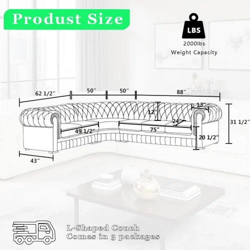 Vista 2 de A Ainehome Chesterfield Sofá modular de cuero auténtico, sofá en forma de L, juegos de muebles de sala de estar, sofás Chesterfield con diseño