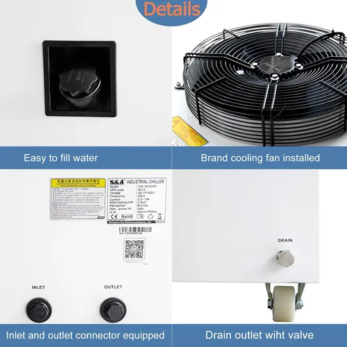 Vista 3 de S&A Enfriador de agua industrial genuino CW-6200AI para tubo láser de metal Co2, tubo láser de vidrio de CO2, husillo CNC, semiconductor, estado