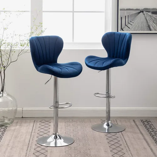 Vista 4 de Roundhill Furniture Ellston - Taburetes de bar giratorios ajustables de terciopelo, color azul, juego de 2