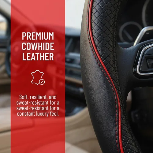 Vista 4 de Protector de volante Yunanwa Universal de 15 pulgadas de cuero auténtico reforzado duradero con diseño deportivo de ola, Negro + rojo
