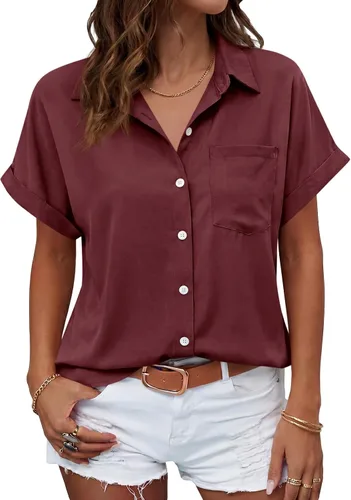 Vista 43 de Beautife Camisas con botones para mujer, blusas de manga corta Albaricoque