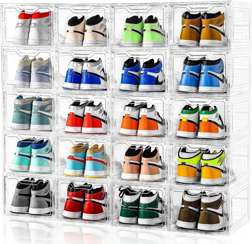 Vista 6 de Paquete de 10 cajas grandes para zapatos de plástico transparente apilables, organizador de almacenamiento de zapatos con tapas, estante