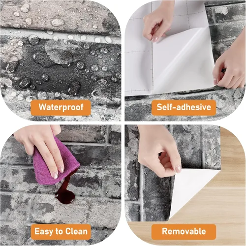 Vista 8 de Wallercity Papel tapiz de ladrillo gris para despegar y pegar, papel tapiz de imitación de abeto para pared, papel tapiz de piedra gruesa, vinilo