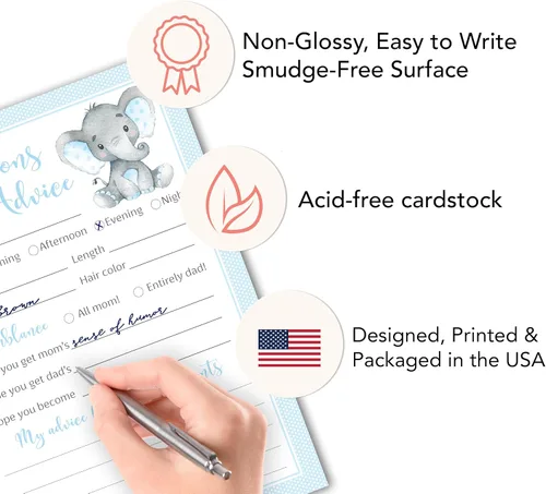 Vista 6 de Blue Elephant - Tarjetas de predicción y consejos – Paquete de 25 – Juegos de baby shower para niños, nuevos padres, mamá y papá futuros, mensaje