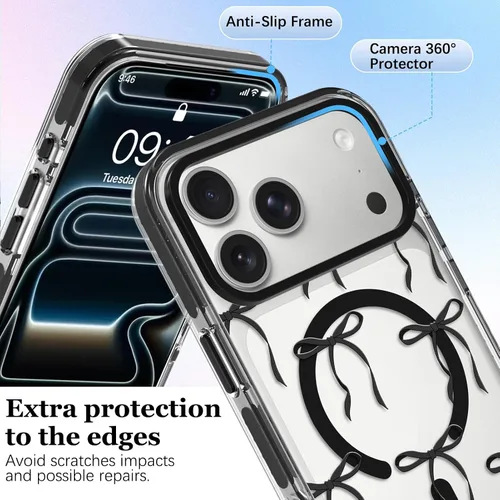Vista 2 de OOK Funda para iPhone 17 Pro compatible con Magsafe, con protector de pantalla, elegante lazo estético, delgado, transparente, magnético, a prueba