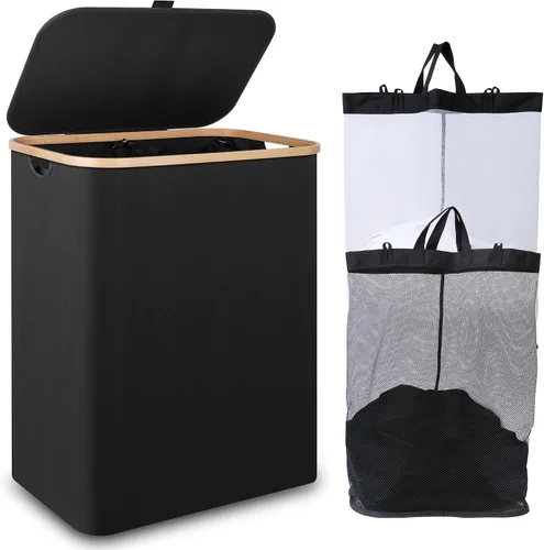 Vista 26 de iEGrow Cesta de lavandería con tapa, cesta grande de lavandería de 110 litros con asa y tapa, organizador de ropa plegable con bolsa interior Beige