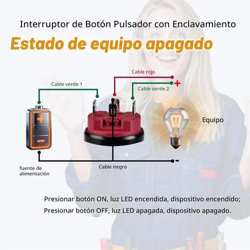 Vista 2 de Interruptor de botón de 15 amperios, interruptor de botón de cierre de 16 mm (0,63") 12V-24V AC/DC con luz LED impermeable IP67 tipo ojo de ángel