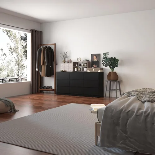 Vista 8 de Cómoda de 9 cajones para dormitorio con cajones profundos, cómodas grandes de piso de madera y cajoneras sin manijas, cómodas largas negras modernas