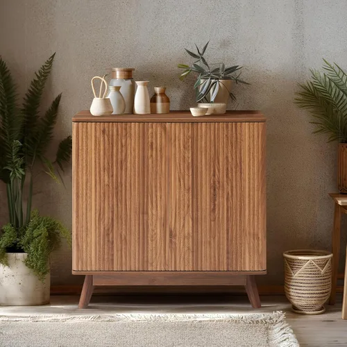 Vista 9 de Aparador bohemio, moderno de mediados de siglo, aparador de credenza acanalado con almacenamiento para cocina, comedor, oficina, sala de estar, TV