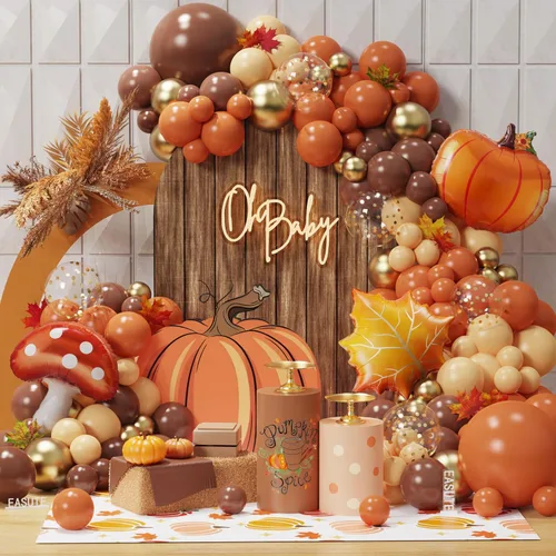 Vista 8 de Kit de arco de globos de otoño rosa de 149 piezas, guirnalda de globos de color naranja polvoriento rosa con lazo, calabaza, hojas de arce, globos