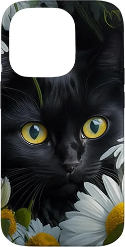 Vista 17 de iPhone 16 Black Cat with Daisies – Enchanting Floral Design Case