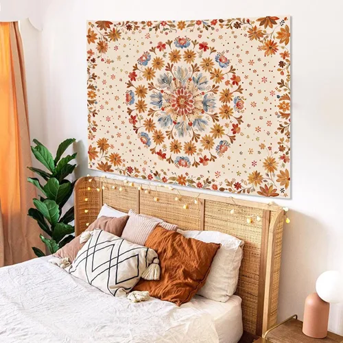 Vista 3 de Fowocu Tapiz bohemio con mandala floral para colgar en la pared, medallón de flores bohemias, tapiz estético, beige, naranja, hippie, indio, pequeño