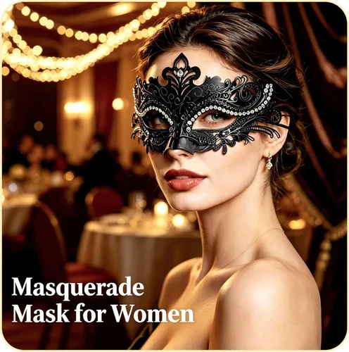 Vista 6 de Máscaras de metal para mujeres/hombres, máscara veneciana de Halloween, máscara de Mardi Gras Negro