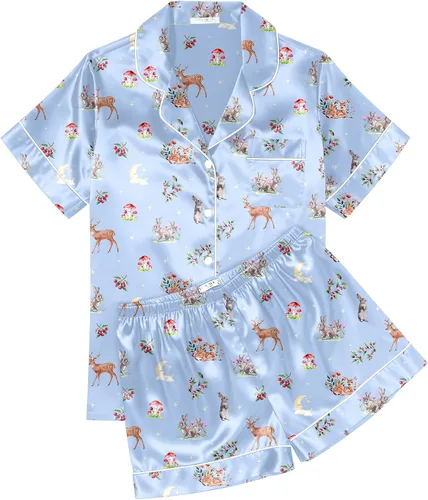 Vista 17 de Ekouaer Conjunto de pijama de satén de seda para mujer, suave, de manga corta, con botones, ropa para dormir, camiseta y pantalones cortos, juego