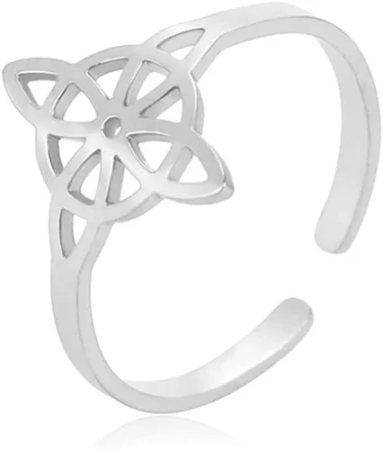Vista 15 de UNIFT Anillo de nudo de bruja para mujer, de acero inoxidable, estilo geométrico, elegante, elegante, irlandés, nudo celta, ajustable, anillo