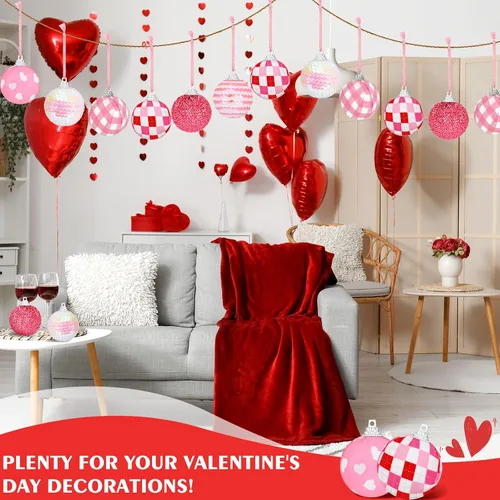 Vista 4 de Zhanmai 12 adornos de bola para el día de San Valentín, mini bolas envueltas de tela rosa de 1.97 pulgadas, adornos decorativos colgantes