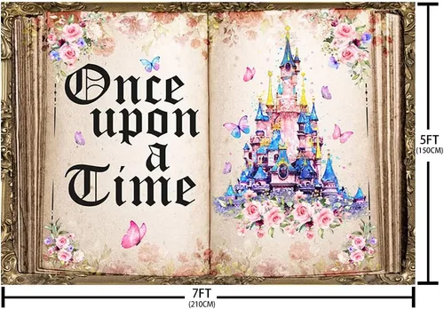 Vista 5 de AIBIIN Fondo de 7 x 5 pies Once Upon a Time para libros de cuentos de hadas, castillo, rosa, floral, princesa, historia romántica, libro de apertura